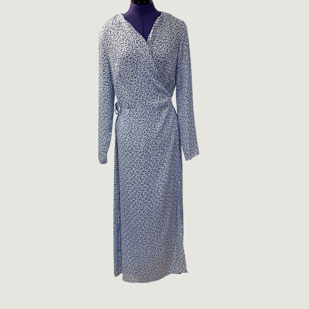 H&M Blue Floral Wrap Maxi Dress Sz M Long Sleeve Adjustable Waist Romantic Boho